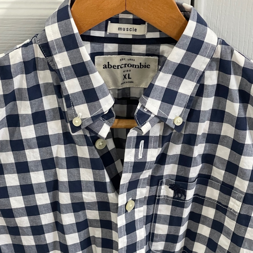 Abercrombie Kids Preppy Navy White Check LS Button Down Shirt SZ XL